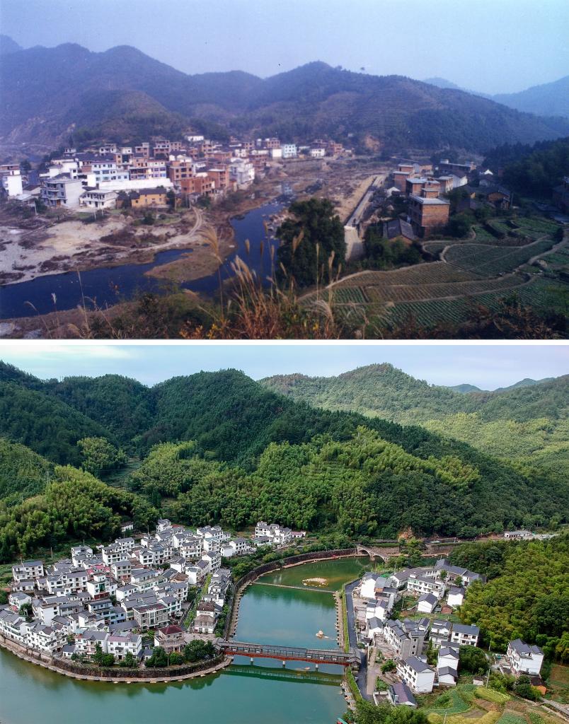 圖為浙江省杭州市淳安縣楓樹嶺鎮(zhèn)下姜村拼版圖，其中上圖為資料照片、下圖由新華社記者張鋮攝。